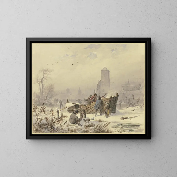 Marin Maalaus lähellä jäätynyttä alusta - Andreas Achenbach — kehystetty taideteos seinällä