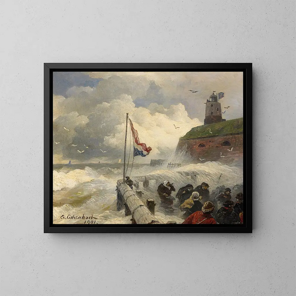 Myrsky aallonmurtajalla - Andreas Achenbach — kehystetty taideteos seinällä