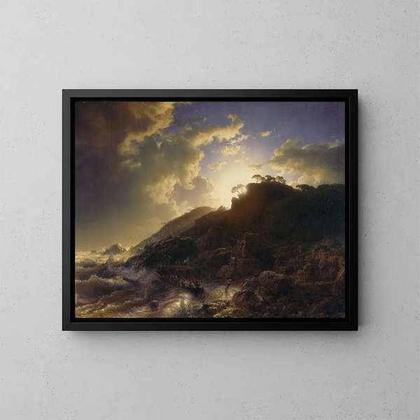 Auringonlasku myrskyn jälkeen Sisilian rannikolla - Andreas Achenbach — kehystetty taideteos seinällä