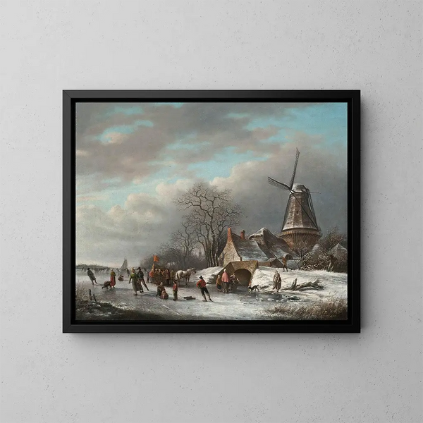 Patineurs sur une voie d'eau néerlandaise près d'un moulin à vent - Andreas Schelfhout — kehystetty taideteos seinällä