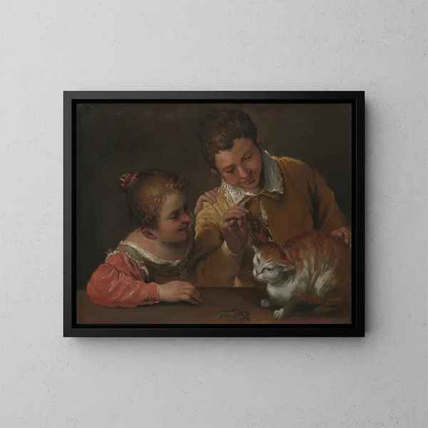 Kaksi lasta leikkimässä kissaa - Annibale Carracci — kehystetty taideteos seinällä