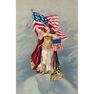 Anonymous - Columbia standing on the earth holding an American flag and trademark sign.webp
