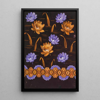 Anonymous - Staggered violet and brown blossoms and leaves on black ground.webp