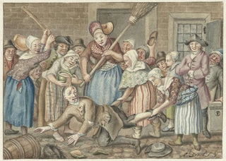 Anthonie Drost - Een man die zijn vrouw had geslagen wordt in de Vinkestraat te Amsterdam door een groep vrouwen bestraft 1768.webp
