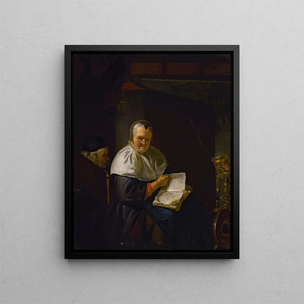 Sisätiloissa naisen lukiessa lähellä pyörökonetta ja miehen tupakoidessa - Antoine van Dyck — kehystetty taideteos seinällä