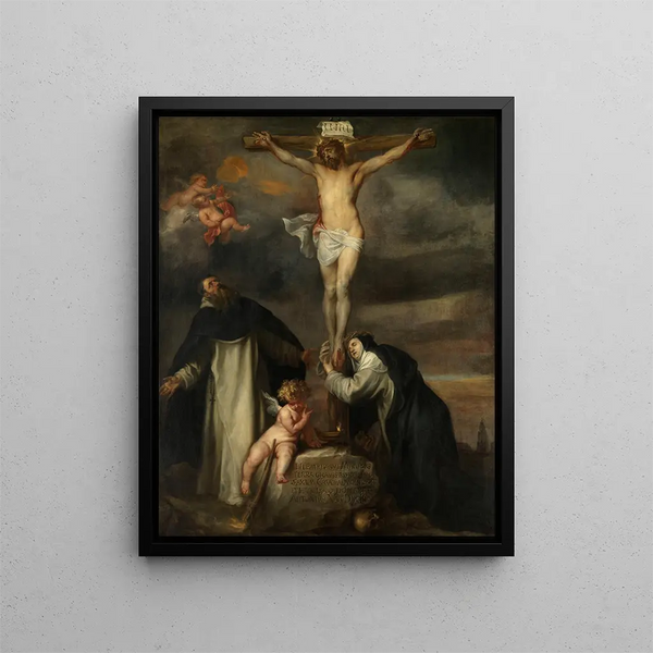 Kristus ristiinnaulittuna, Pyhä Katariina Siena, Pyhä Dominic ja enkeli - Antoine van Dyck — kehystetty taideteos seinällä