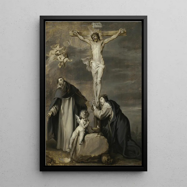 Kristuksen ristiinnaulittu palvottuna pyhimyksien Dominiken ja Katariina Sieniläisen toimesta - Antoine van Dyck — kehystetty taideteos seinällä