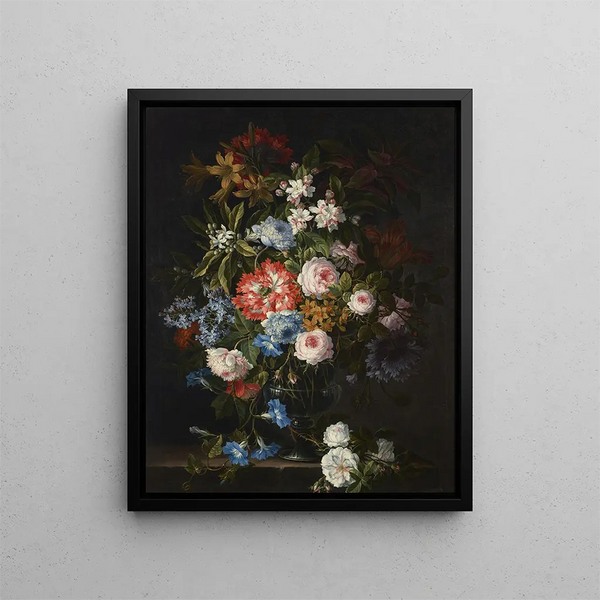 Antoine Monnoyer - Roses lilies tulips daffodils morning glories and other flowers in a glass vase on a stone ledge.webp