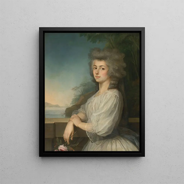 Portrait d'une femme sur une terrasse Un paysage au-delà - Antoine Vestier — kehystetty taideteos seinällä