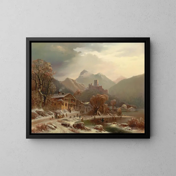Une idylle hivernale avec vue sur les ruines de Kropfsberg en Tyrol - Anton Doll — kehystetty taideteos seinällä