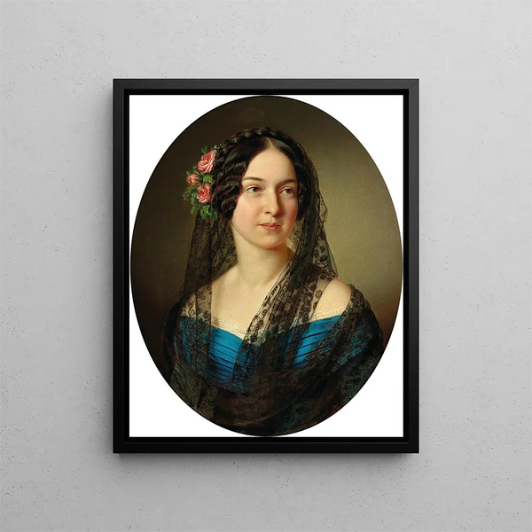 Portrait d'une dame aux roses dans les cheveux - Anton Einsle — kehystetty taideteos seinällä
