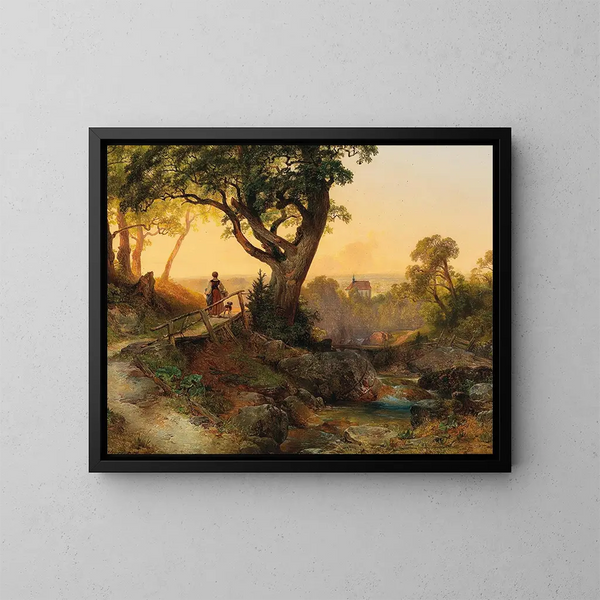 Une scène au crépuscule avec vue sur l'Othmarskirche à Mödling - Anton Hansch — kehystetty taideteos seinällä