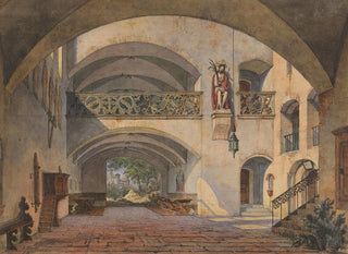 Anton Hchl - Innenhof eines Klosters mit Schmerzensmann und Durchblick auf eine Burg.webp