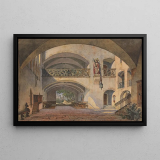 Anton Hchl - Innenhof eines Klosters mit Schmerzensmann und Durchblick auf eine Burg.webp