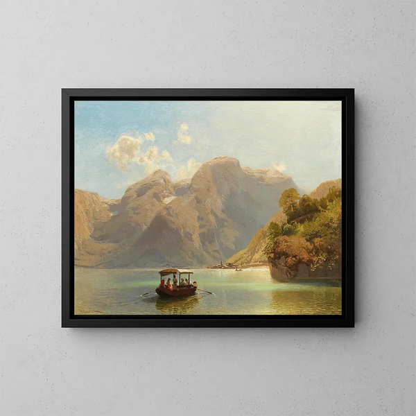 Retki veneellä Hallstättersee-järvellä ja Hallstatt taustalla - Anton Hlaváček — kehystetty taideteos seinällä
