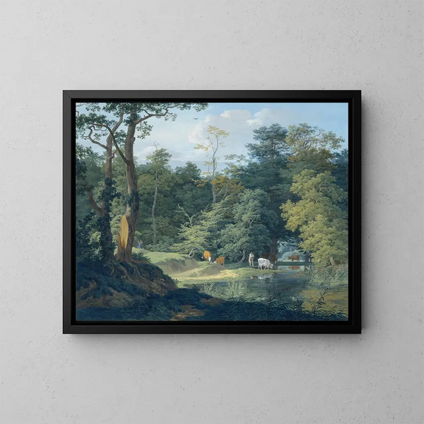 Abreuvoir pour le bétail dans la forêt, à gauche un chasseur - Anton Radl — kehystetty taideteos seinällä