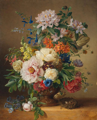 Anton Weiss - A peony rhododendron azalea antirrhinum and larkspur in an in a sculpted urn on a stone ledge with a birds nest.webp