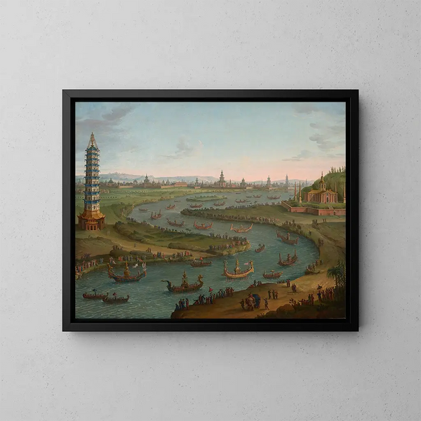 Un caprice avec l'ambassadeur de France s'approchant du palais du roi de Siam dans une barque d'État en octobre 1685 - Antonio Joli — kehystetty taideteos seinällä