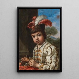 Antonio Mercurio Amorosi - A Boy HalfLength Holding Grapes A Landscape Beyond.webp