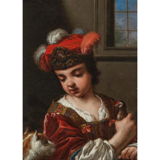 Antonio Mercurio Amorosi - A Girl HalfLength Holding A Bird With A Cat In The Foreground.webp