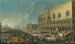 Le Molo Venetsia katsomassa länteen, jossa apostolisen nuncius Carlo Gaetano Stampa 1667–1742, myöhemmin Milanon arkkipiispa, vastaanottaa 15. heinäkuuta 1721 Doge-palatsissa – Antonio Stom — näkymä teoksesta