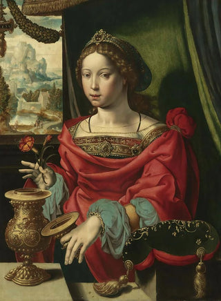 Antwerp School - The Magdalene Seated At A Table By A Window Opening A GoldEncrusted Urn.webp