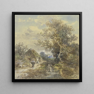Arbre et maison de paysan au bord du ruisseau avec une femme - Anton Burger