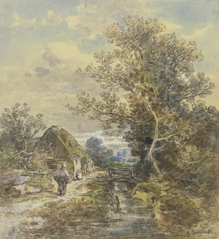 Arbre et maison de paysan au bord du ruisseau avec une femme - Anton Burger