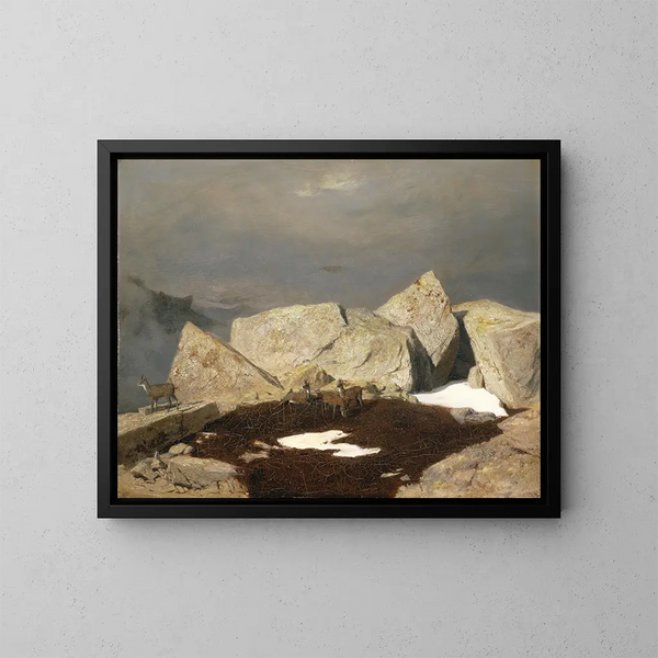 vuoristomaisemasta ja kameista - Arnold Böcklin — kehystetty taideteos seinällä