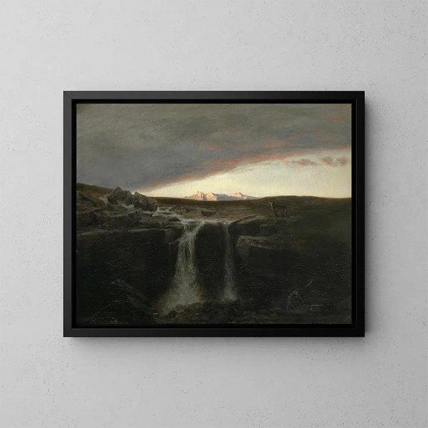 vuoristomaisemasta vesiputouksen kanssa - Arnold Böcklin — kehystetty taideteos seinällä