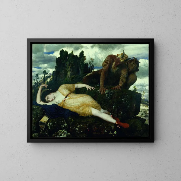 Diane uneksissa ja valvovana kahden faunin toimesta - Arnold Böcklin — kehystetty taideteos seinällä