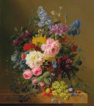 Arnoldus Bloemers - Peonies Tulips Roses Irises and other Flowers with Fruit and a Birds Nest on a Marble Ledge.webp