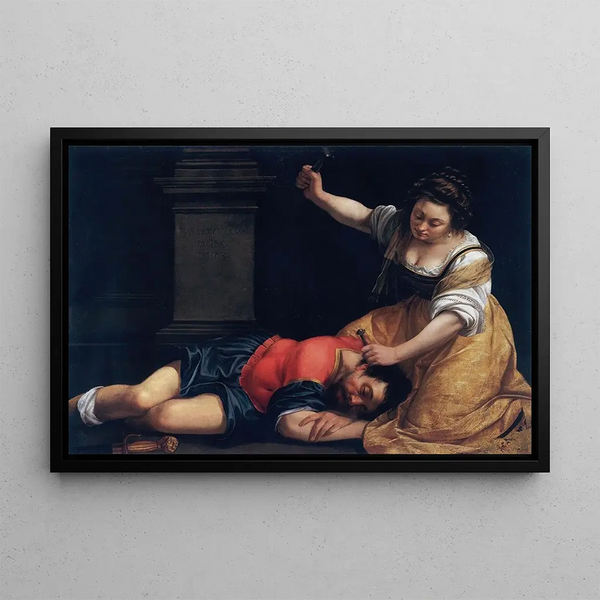 Jaël ja Sisera - Artemisia Gentileschi — kehystetty taideteos seinällä