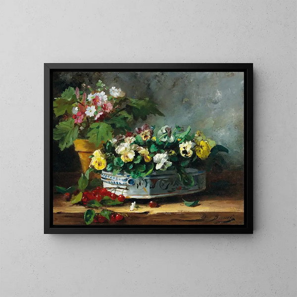 Ajatuksia ja primula - Arthur Alfred Brunel de Neuville — kehystetty taideteos seinällä