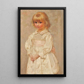 Arthur Dampier May - Portrait Of A Young Girl In A Pink And White Smock Dress.webp
