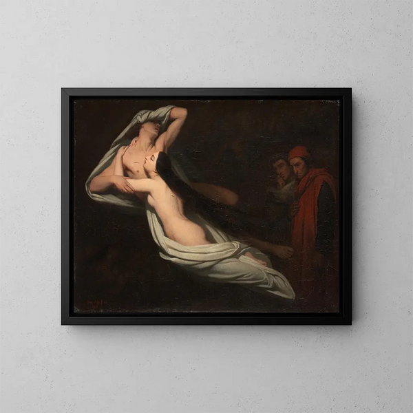 Dante ja Virgilius kohtaavat Francesca da Rimini ja Paolo varjot - Ary Scheffer — kehystetty taideteos seinällä