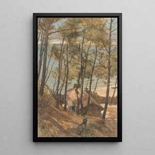 August Alleb - Gezicht vanaf een heuvel op een huisje aan de golf van Arcachon.webp