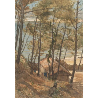 August Alleb - Gezicht vanaf een heuvel op een huisje aan de golf van Arcachon.webp