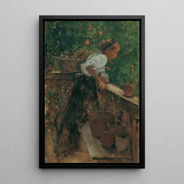 Nuori talonpoikaistyttö parvekkeella - August von Pettenkofen — kehystetty taideteos seinällä