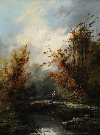 Auguste Rigon - Paysage avec cours deau et paysanne.webp