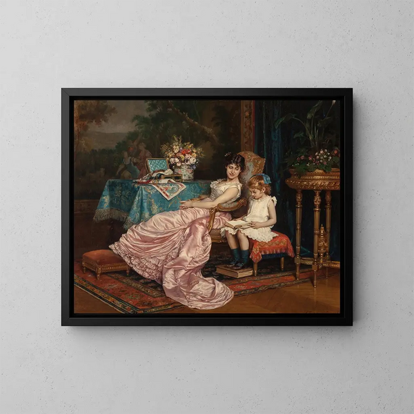 Äiti ja hänen tyttärensä lukevat - Auguste Toulmouche — kehystetty taideteos seinällä