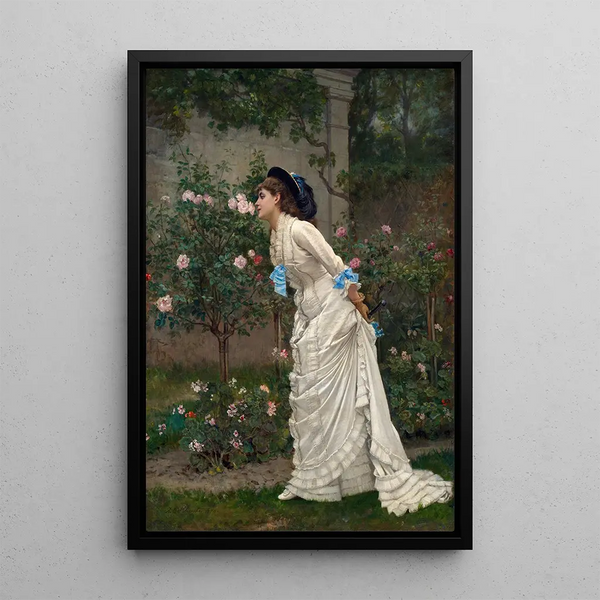 Naiskuva ja ruusut - Auguste Toulmouche — kehystetty taideteos seinällä