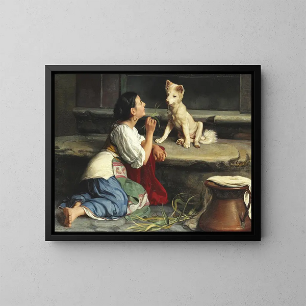 Une Italienne jouant avec un chien - Axel Helsted — kehystetty taideteos seinällä