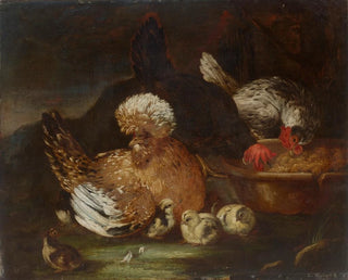 Baldassare De Caro - Two roosters a hen and six chicks at their feed dish in a landscape.webp