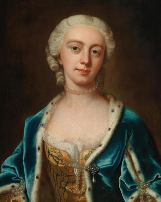 Barthlmy du Pan - Portrait Of Augusta Princess Of Wales Wearing Pearls And An Ermine Lined Blue Cloak.webp