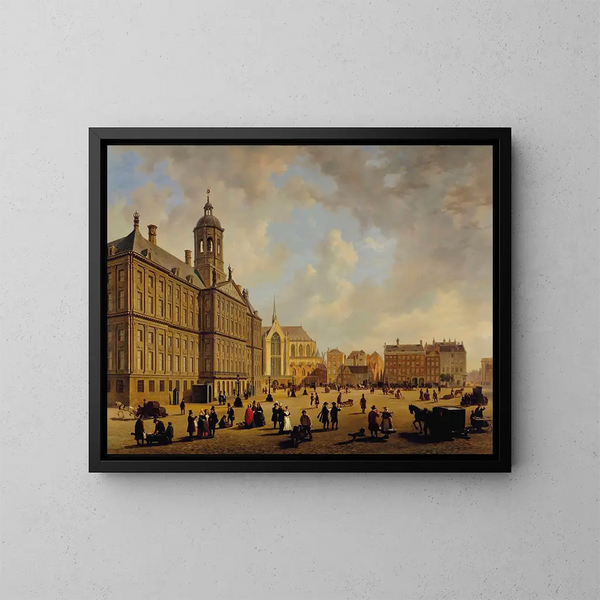 Vilkkaasta päivästä kaupungintalon edessä Dam-aukion aukiolla, taustalla Nieuwe Kerk, Amsterdam - Bartholomeus Johannes van Hove — kehystetty taideteos seinällä