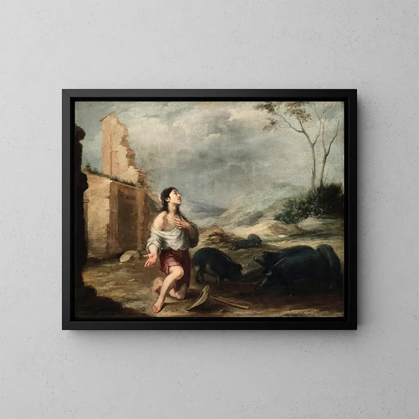 Le Fils prodigue nourrissant des porcs - Bartolomé Esteban Murillo — kehystetty taideteos seinällä