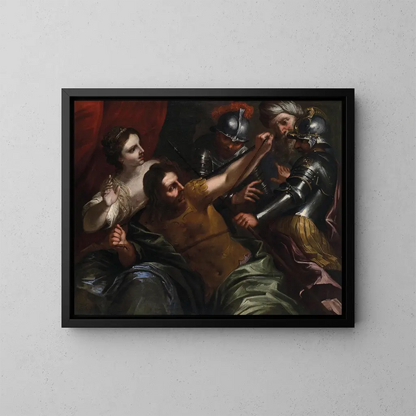 Samson ja Dalila - Bartolomeo Biscaino — kehystetty taideteos seinällä