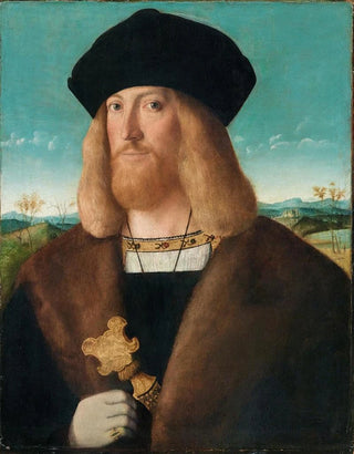 Bartolomeo Veneto - Portrait Of A Bearded Man HalfLength Wearing A FurLined Coat And Holding A Dagger A Landscape Beyond.webp