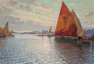 Beppe Ciardi - Fishing vessels moored off an Italian town at dusk.webp